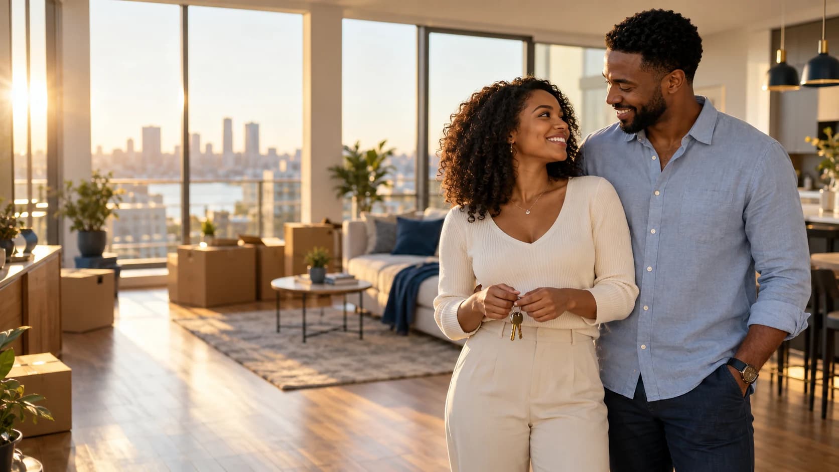 A couple sharing a smile as they settle into their new home