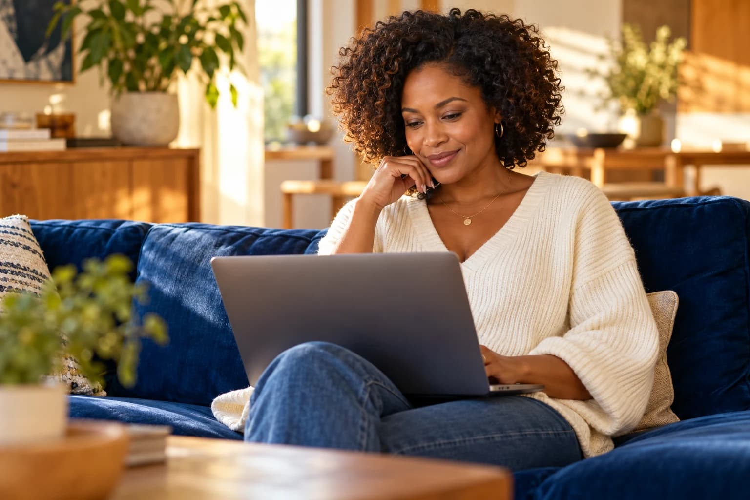A woman reviewing information on her laptop at home